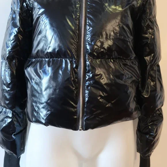 Womens Central Park West Black Blue Faux Fur Collar Puffer Bomber Jacket S * - Picture 6 of 12